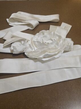Elegant Ivory Satin Floral Sash Belt